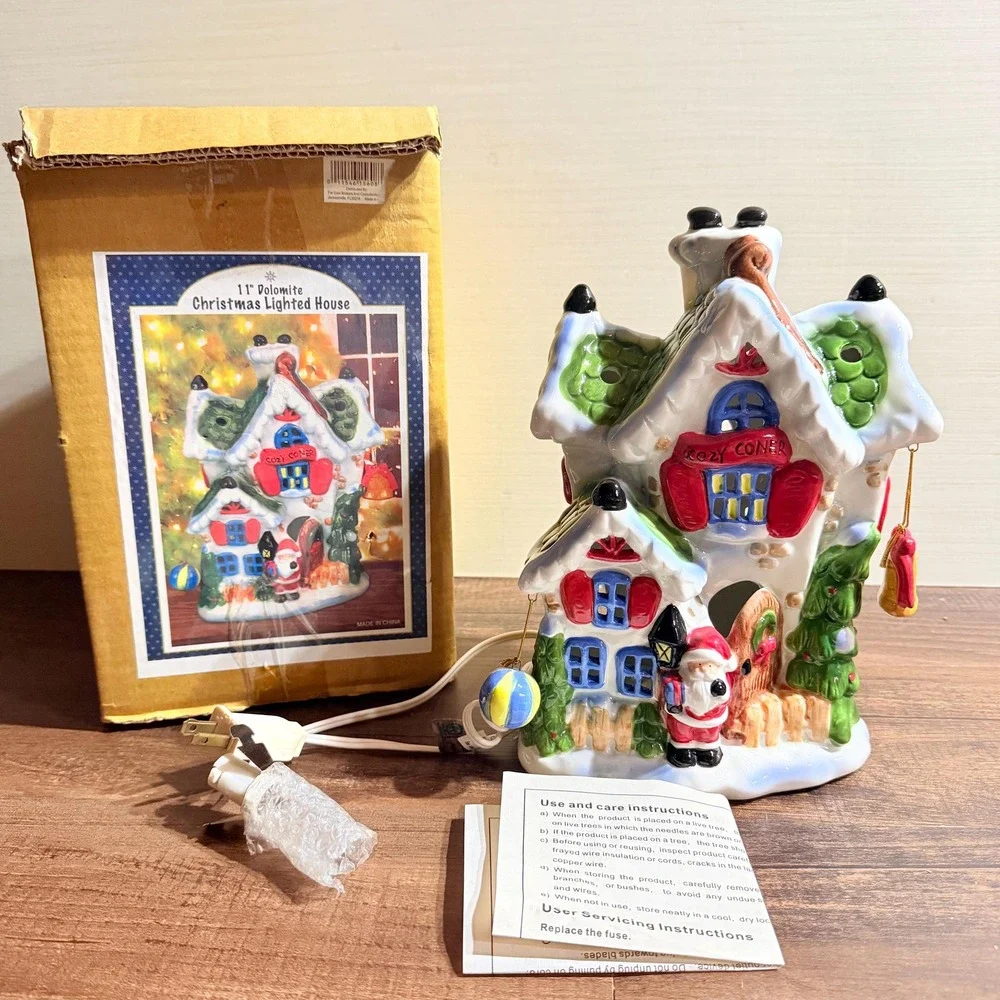 VTG NOS Lighted Christmas House Kozy Corner Santa Village Ceramic 11
